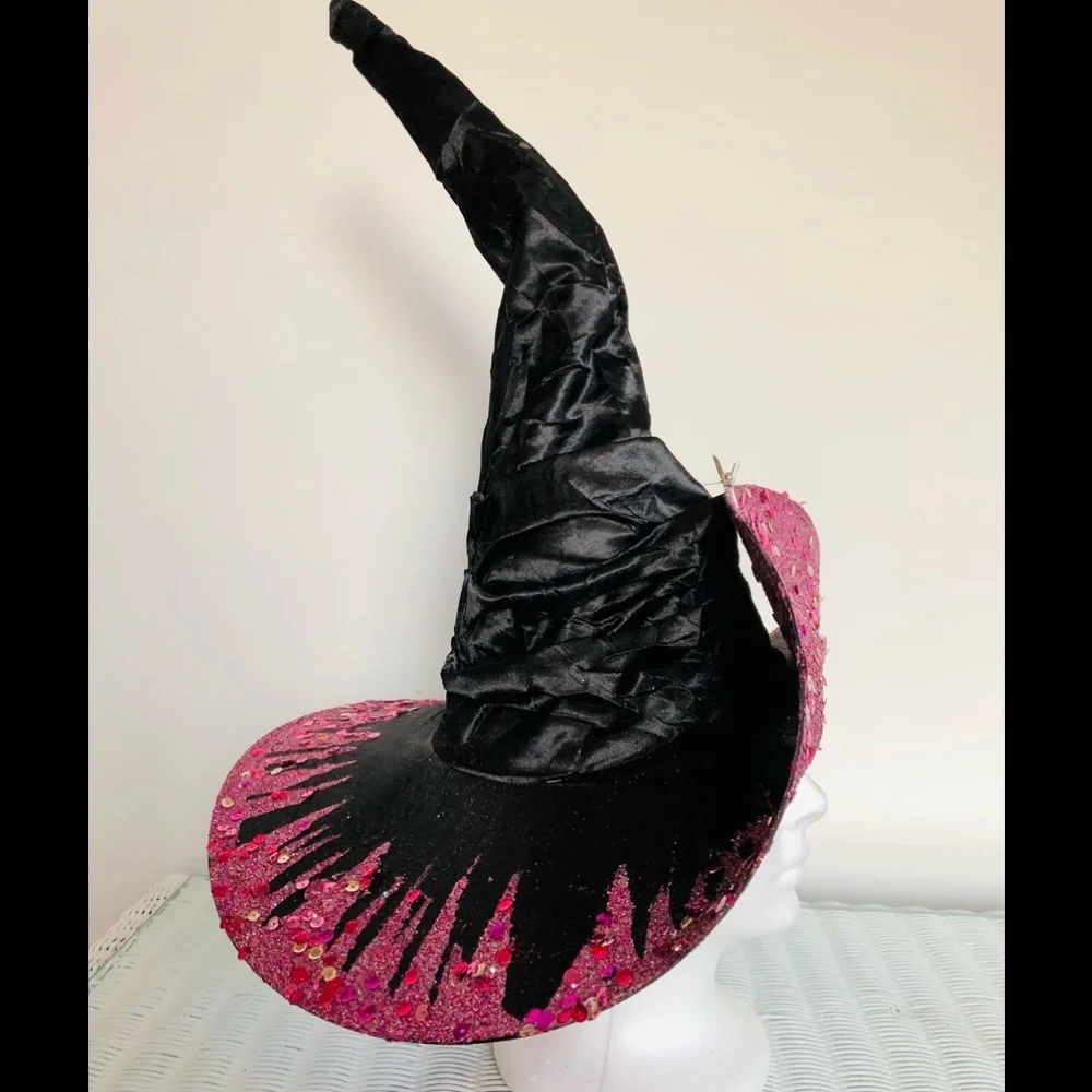 Witch hat artisan Black satin brim top & below multi pinks sparkles Flower & f…